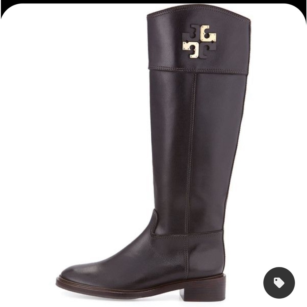 Tory Burch Lowell brown leather riding boot logo 7M